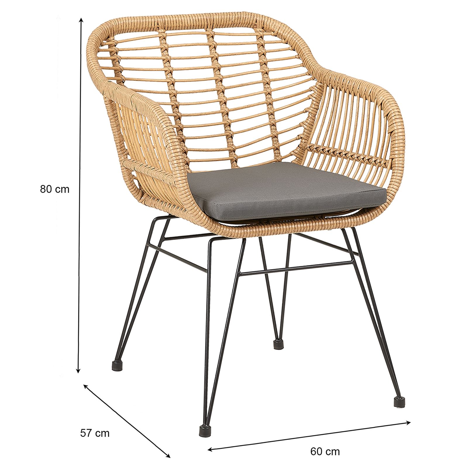 coussin dassise gris fauteuil dextérieur pour terrasse ou balcon en polyrattan résistant aux UV et 4 pieds en métal anti-rouille laqué noir Lot de 2 chaises de jardin PARAMO en imitation rotin 