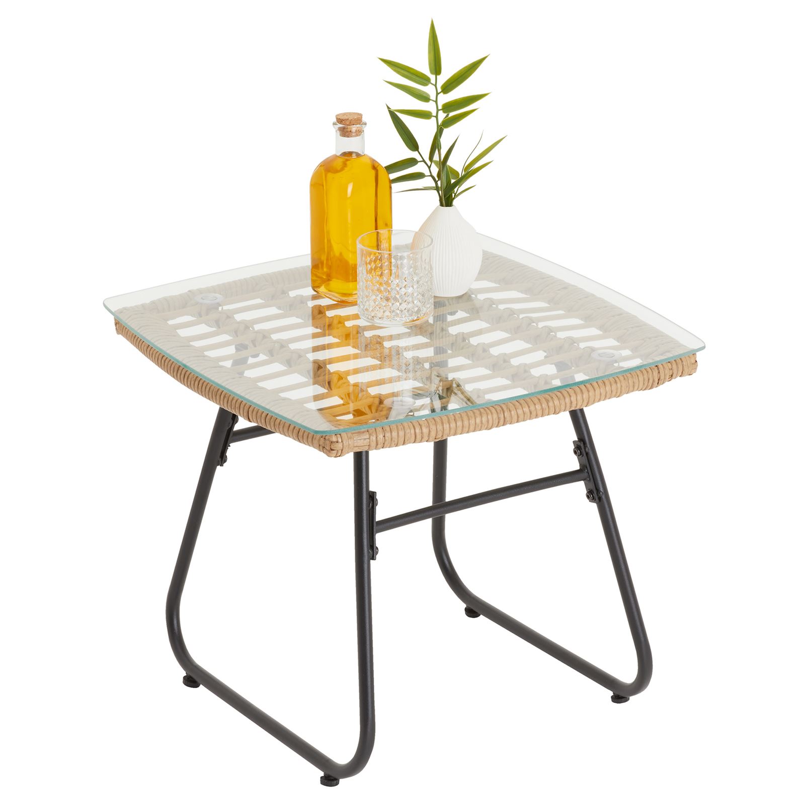 Casaria Multistore 2002 Table dappoint en rotin avec Plateau en Verre résistant aux intempéries Gris/crème 50 x 50 x 45 cm