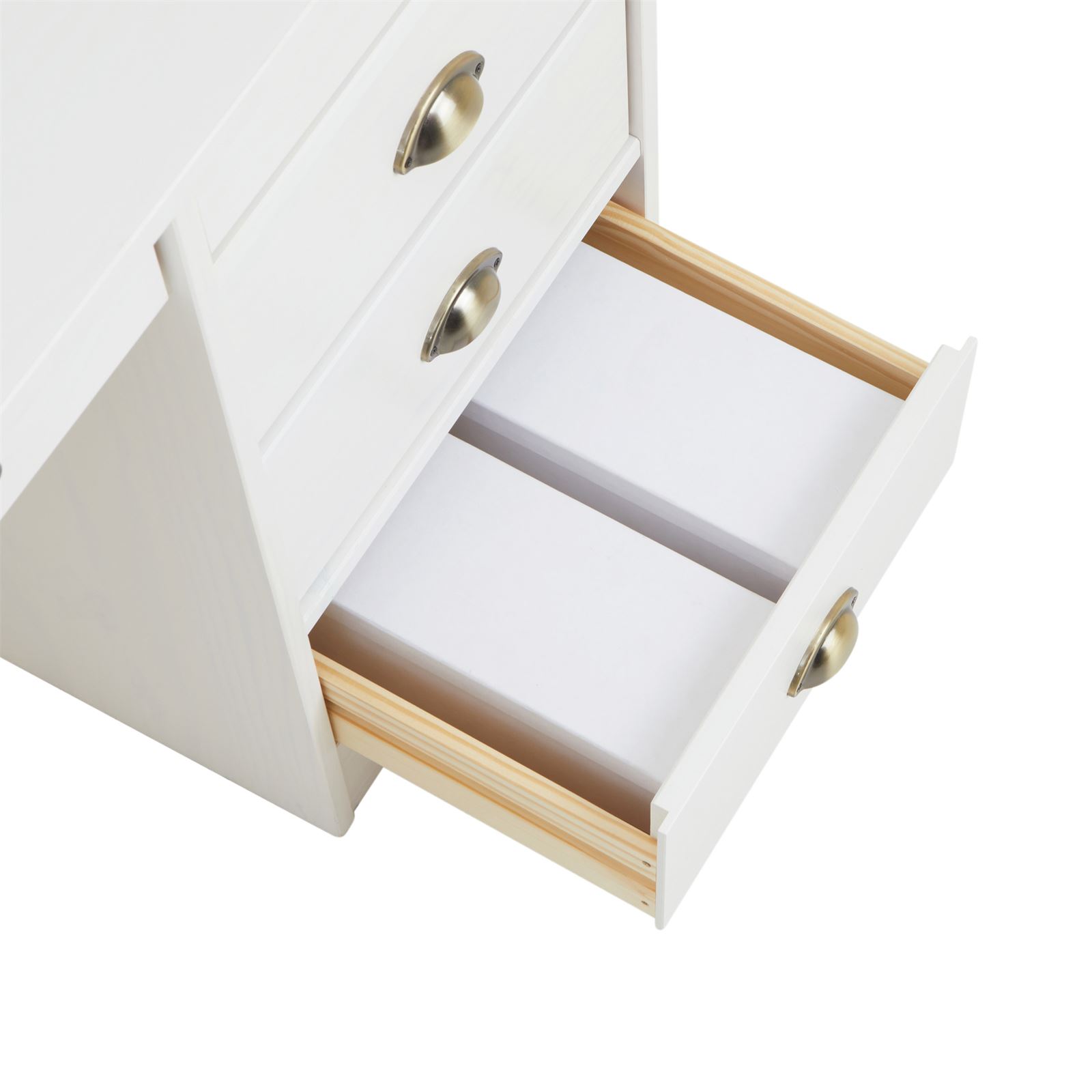 IDIMEX Bureau LANA avec rangement 5 tiroirs et poignées en forme de  coquille, en pin massif lasuré blanc pas cher 