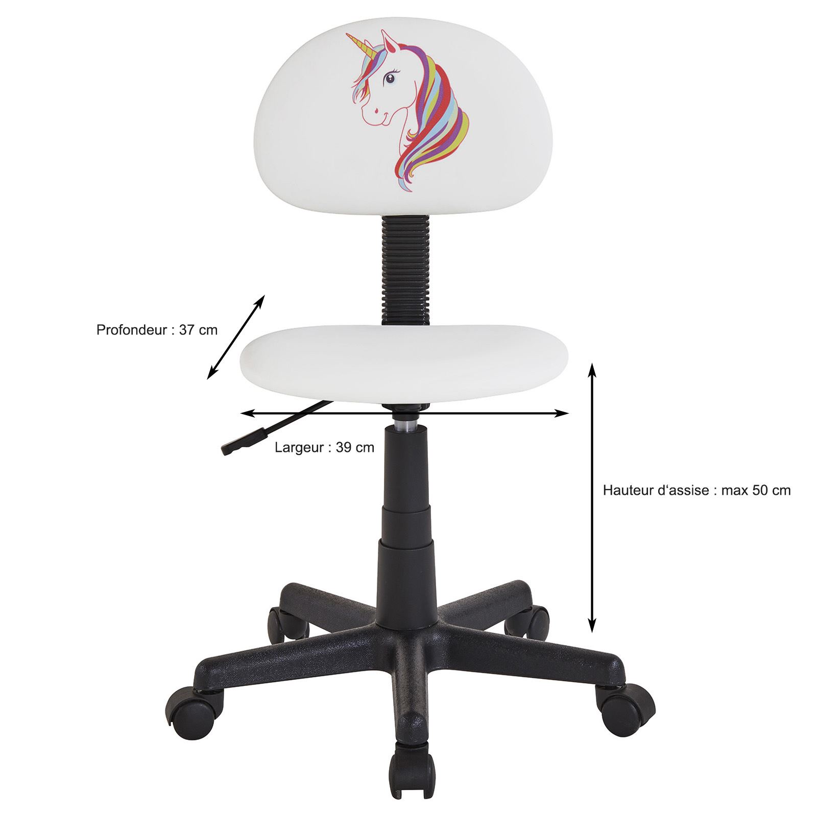 Chaise de bureau pour enfant UNICORN, revêtement synthétique blanc avec  motif licorne 