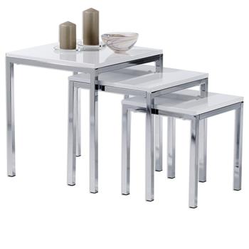 Lot de 3 tables gigognes LUNA, en métal chromé et décor blanc brillant