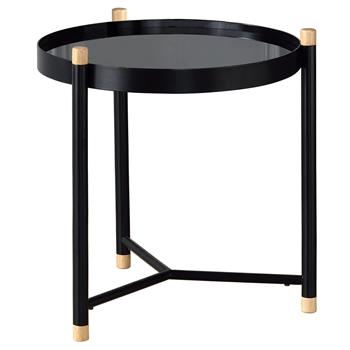 Table d'appoint ALICIA, plateau rond en verre trempé noir et piètement en métal noir et pin