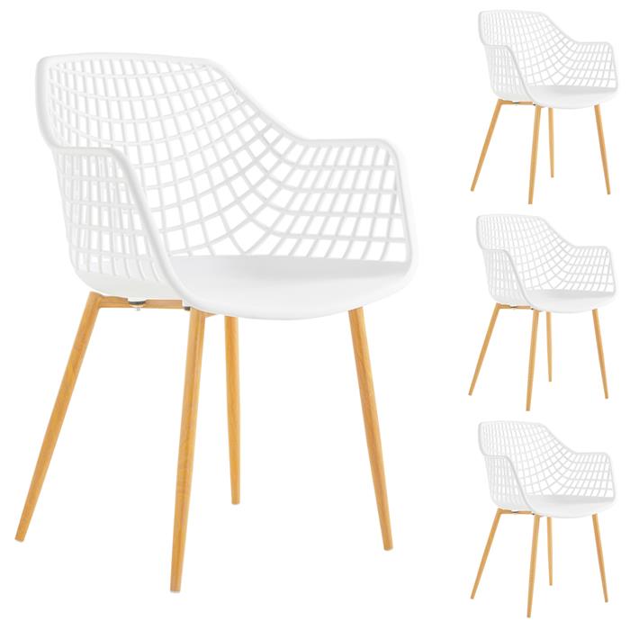 Lot de 4 chaises LUCIA, en plastique blanc et pieds en métal décor chêne sonoma