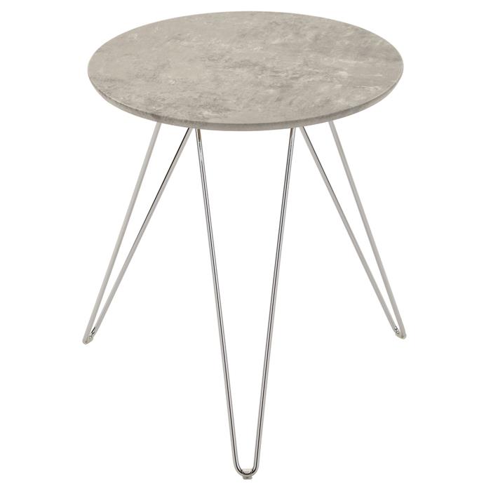 Table d'appoint BENNO, avec pieds en épingle métal chromé et décor béton gris