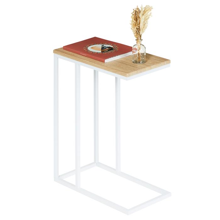 Table d'appoint rectangulaire DEBORA, en métal blanc et décor chêne sonoma