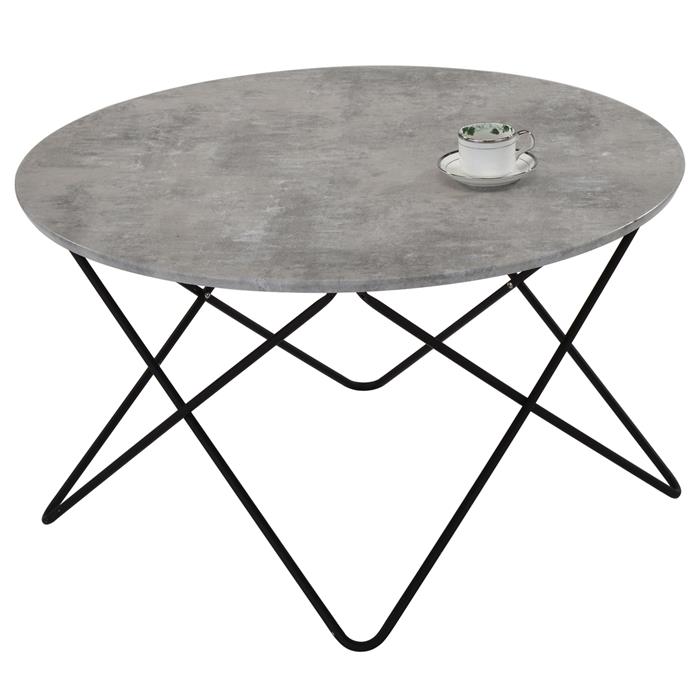 Table basse SANTORINI, avec pieds en épingle métal noir et plateau en MDF décor béton gris