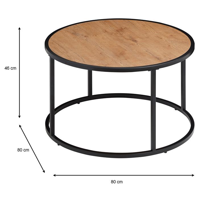 Table basse ronde VASTO, en métal noir et décor chêne sauvage