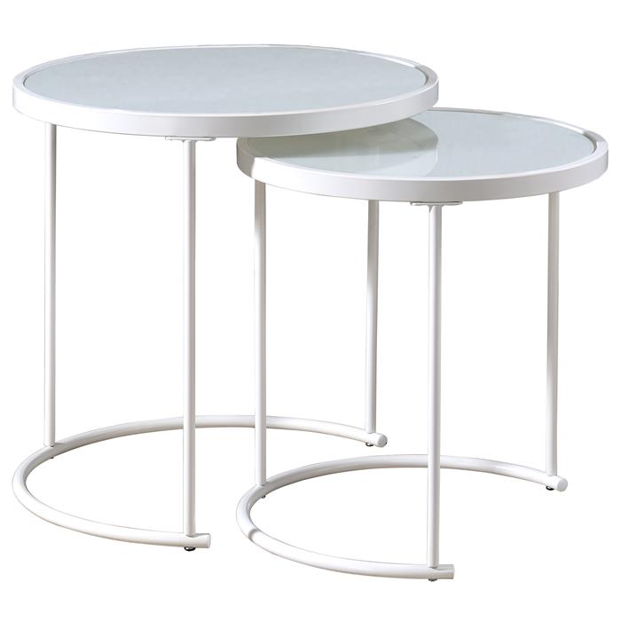 Lot de 2 tables d'appoint gigognes LEYRE, plateau rond en verre blanc et cadre en métal blanc