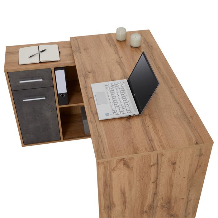 Bureau d'angle ISOTTA avec meuble de rangement, décor chêne sauvage et béton foncé