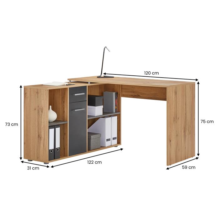 Bureau d'angle CARMEN avec meuble de rangement, décor chêne sauvage et béton foncé