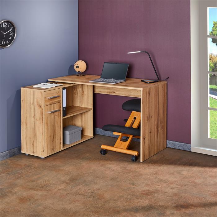 Bureau d'angle ISOTTA avec meuble de rangement, décor chêne sauvage