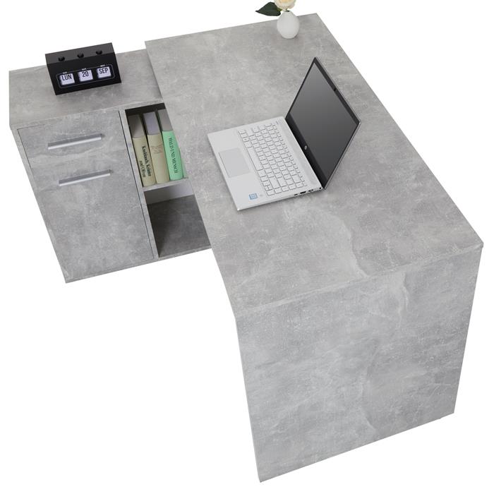 Bureau d'angle ISOTTA avec meuble de rangement, décor béton