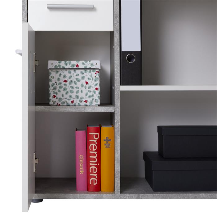Bureau d'angle ISOTTA avec meuble de rangement, décor béton et blanc mat