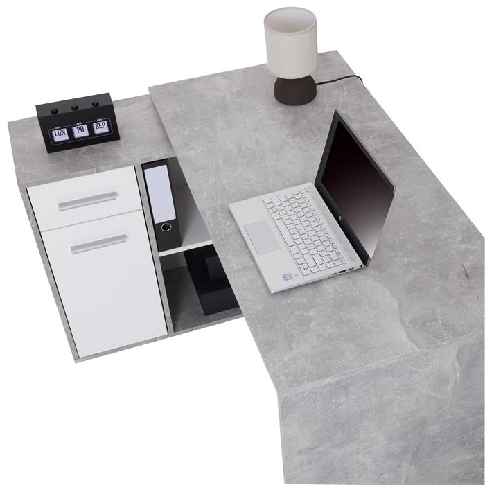 Bureau d'angle ISOTTA avec meuble de rangement, décor béton et blanc mat