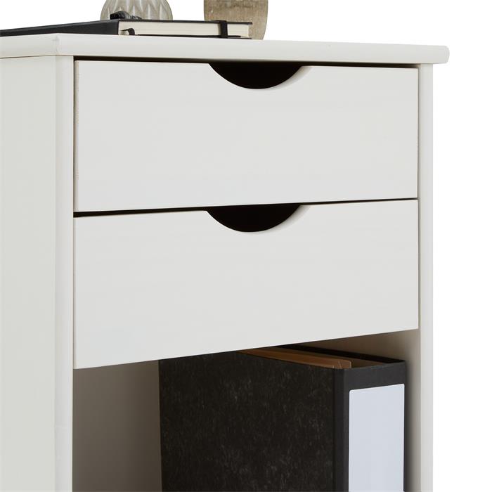 Caisson de bureau sur roulettes KANO, avec 2 tiroirs, en pin massif lasuré blanc