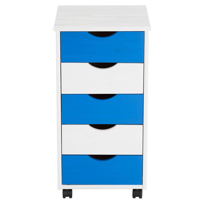 Caisson de bureau sur roulettes LAGOS, avec 5 tiroirs lasuré blanc et bleu