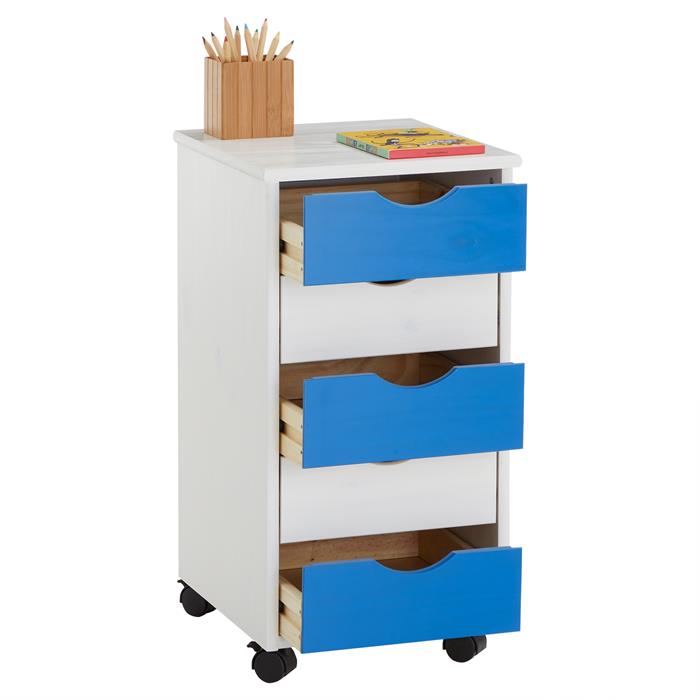 Caisson de bureau sur roulettes LAGOS, avec 5 tiroirs lasuré blanc et bleu