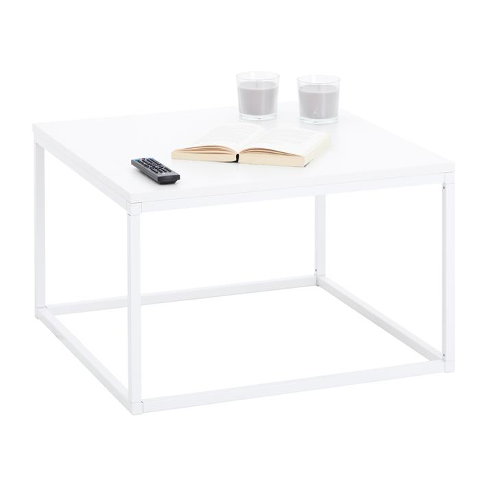 Table basse carrée HADES, cadre en métal blanc et plateau en mélaminé blanc