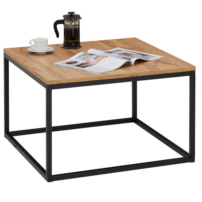 Table basse carrée HADES, cadre en métal noir et plateau en mélaminé décor chêne wotan