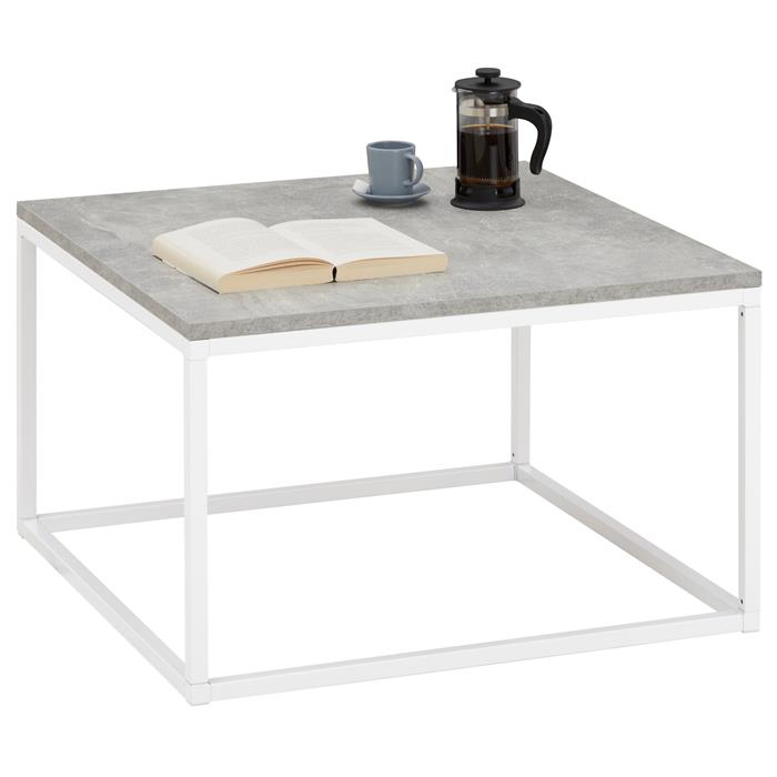 Table basse carrée HADES, cadre en métal blanc et plateau en mélaminé décor béton