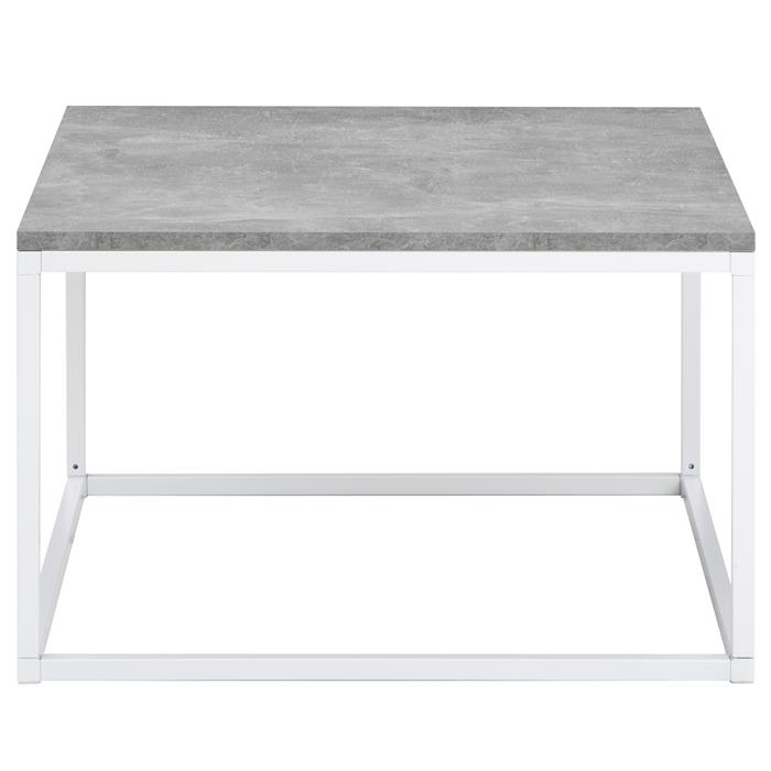 Table basse carrée HADES, cadre en métal blanc et plateau en mélaminé décor béton