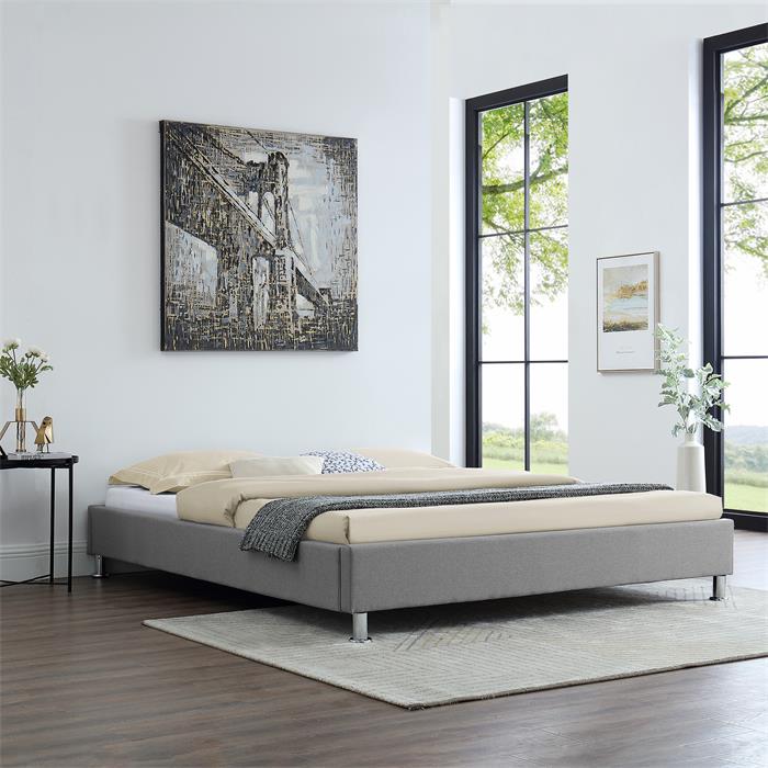 Lit futon double NIZZA, 160 x 200 cm, avec sommier, revêtement en tissu gris