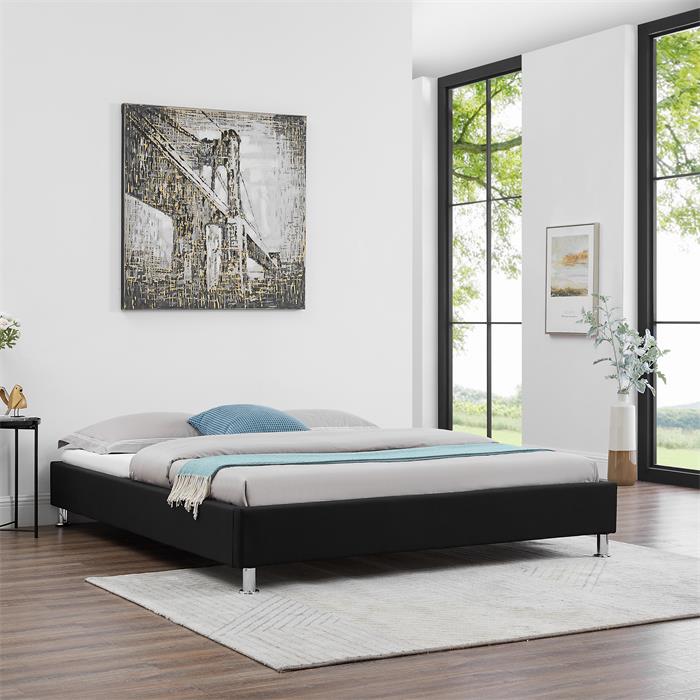 Lit futon double NIZZA, 160 x 200 cm, avec sommier, revêtement en tissu noir