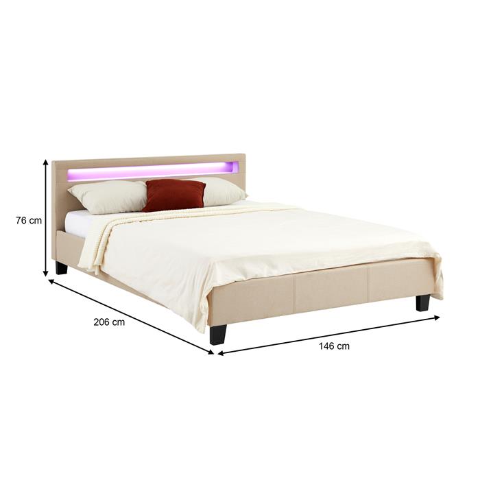 Lit LED double RIOJA 140x190 cm, avec sommier, revêtement tissu beige