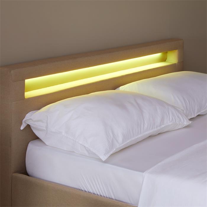 Lit LED double RIOJA 140x190 cm, avec sommier, revêtement tissu beige