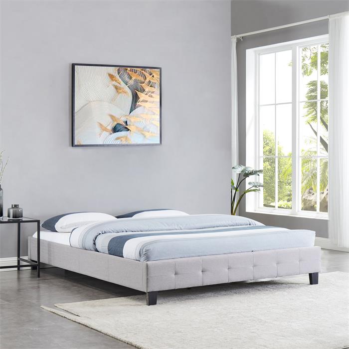 Lit double futon CORSE, 160 x 200 cm, avec sommier, revêtement en tissu gris