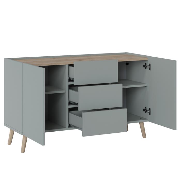 Buffet SKANDI style scandinave en bois avec 3 tiroirs et 2 portes lasuré gris