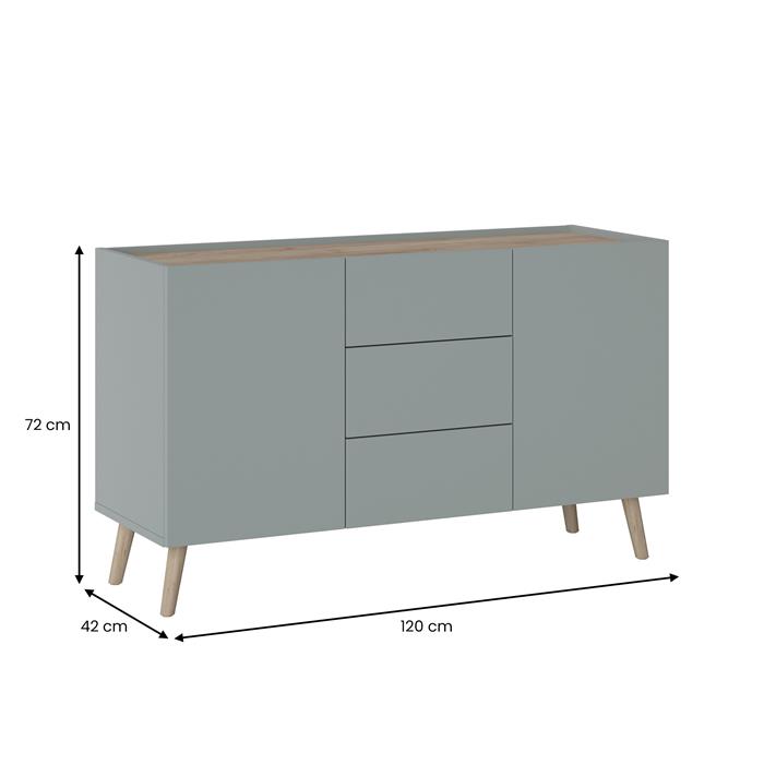 Buffet SKANDI style scandinave en bois avec 3 tiroirs et 2 portes lasuré gris