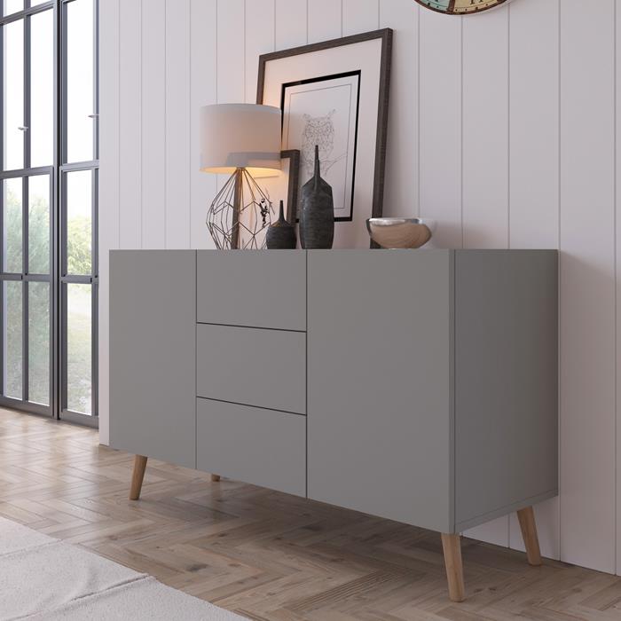 Buffet SKANDI style scandinave en bois avec 3 tiroirs et 2 portes lasuré gris