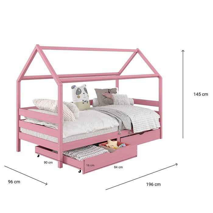 Lit cabane CLIA 90 x 190 cm avec tiroirs, en pin massif lasuré rose