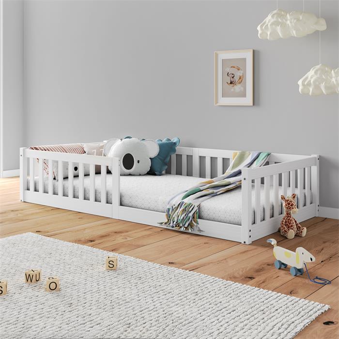 Lit enfant GUSTAVO type Montessori, couchage 90x200 cm, en pin massif lasuré blanc