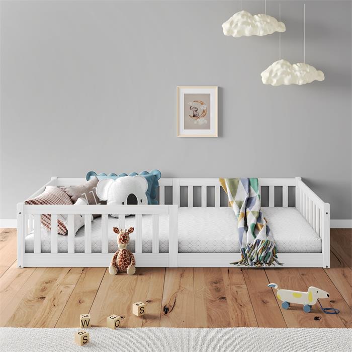 Lit enfant GUSTAVO type Montessori, couchage 90x200 cm, en pin massif lasuré blanc