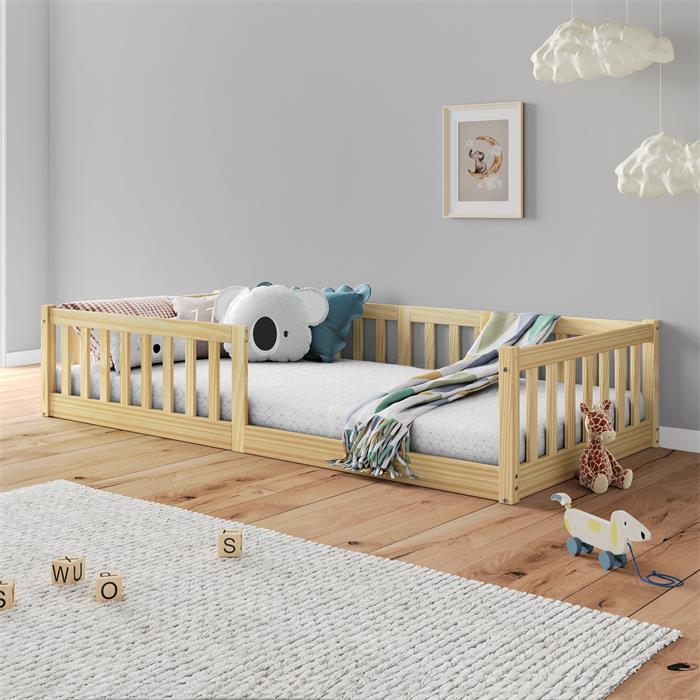 Lit enfant GUSTAVO type Montessori, couchage 90x190 cm, en pin massif naturel