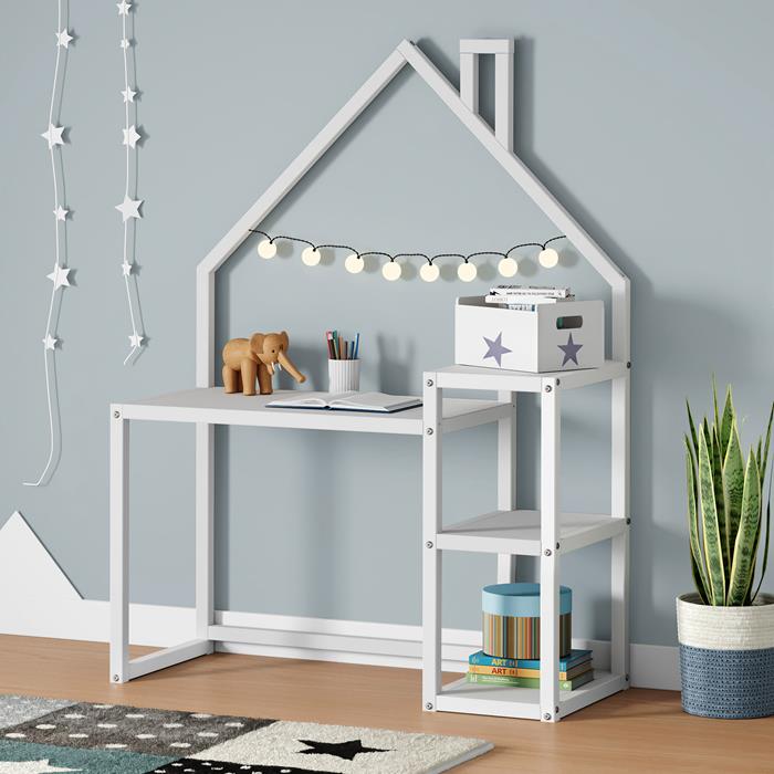 Bureau enfant NIVIA en forme de maison en pin massif lasuré blanc