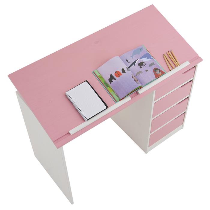 Bureau enfant EMMA, en pin massif, 4 tiroirs et plateau inclinable, lasuré blanc et rose