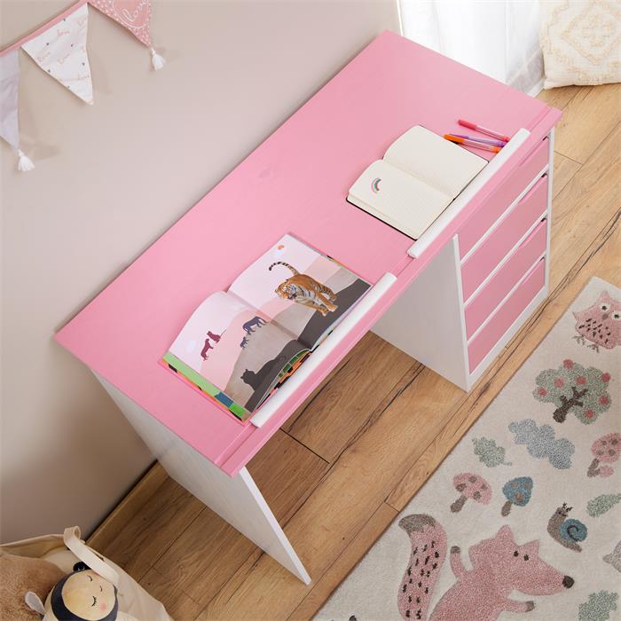 Bureau enfant EMMA, en pin massif, 4 tiroirs et plateau inclinable, lasuré blanc et rose