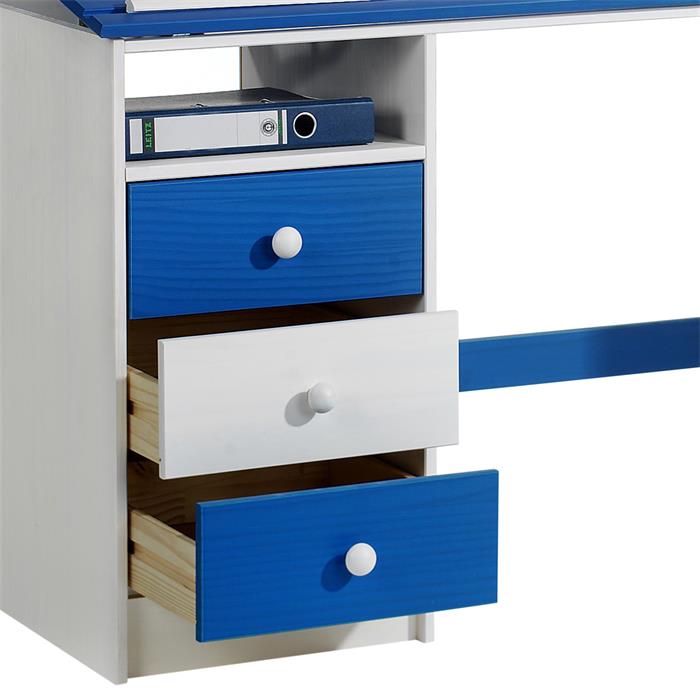 Bureau enfant KEVIN, en pin massif, 3 tiroirs et plateau inclinable, lasuré blanc et bleu