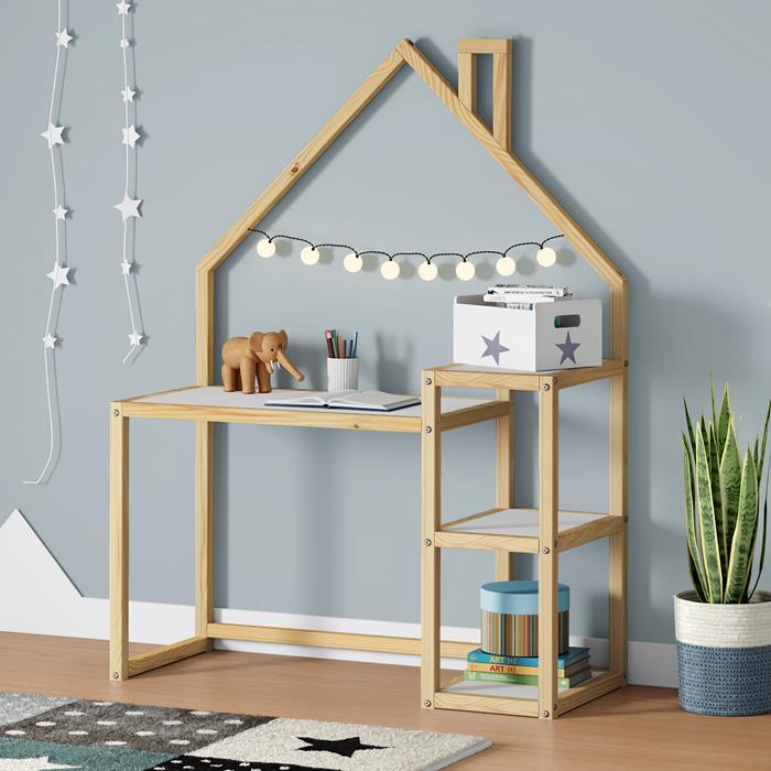 Bureau enfant NIVIA en forme de maison en pin massif lasuré blanc/naturel