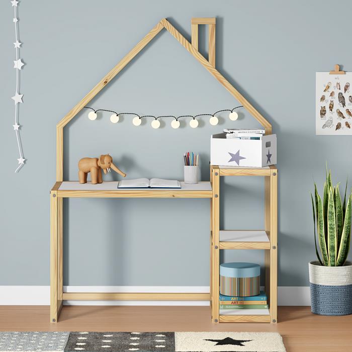 Bureau enfant NIVIA en forme de maison en pin massif lasuré blanc/naturel