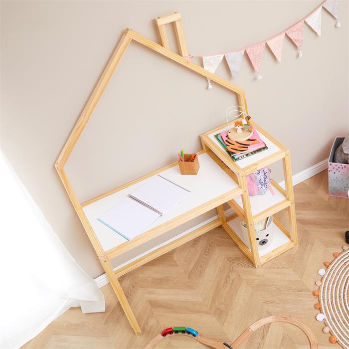 Bureau enfant NIVIA en forme de maison en pin massif lasuré blanc/naturel