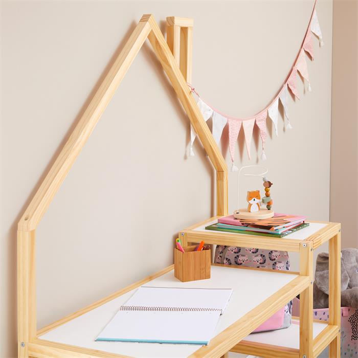 Bureau enfant NIVIA en forme de maison en pin massif lasuré blanc/naturel