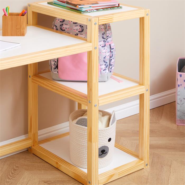 Bureau enfant NIVIA en forme de maison en pin massif lasuré blanc/naturel