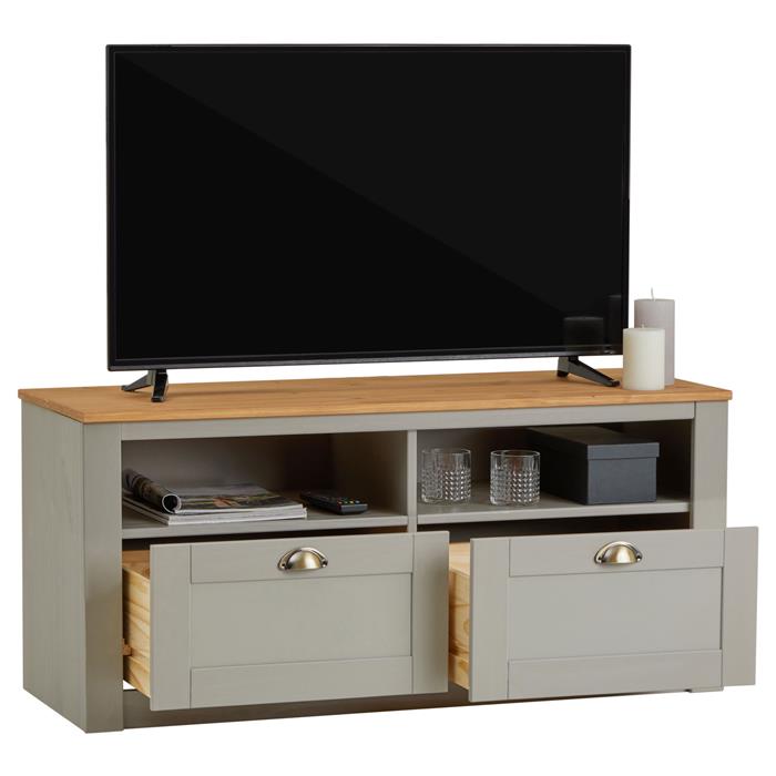 Meuble TV BOLTON 2 tiroirs et 2 niches, en pin massif gris et brun