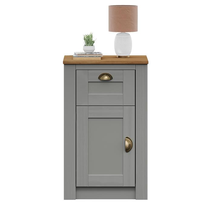 Table de chevet BOLTON avec 1 tiroir et 1 porte, en pin massif lasuré gris et brun