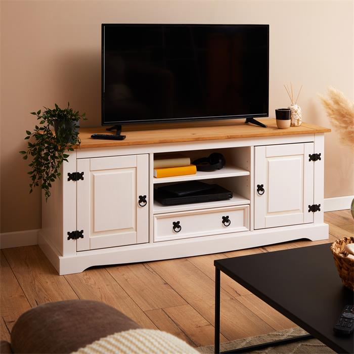 Meuble TV TEQUILA, 2 portes et 1 tiroir, en pin massif lasuré blanc et brun