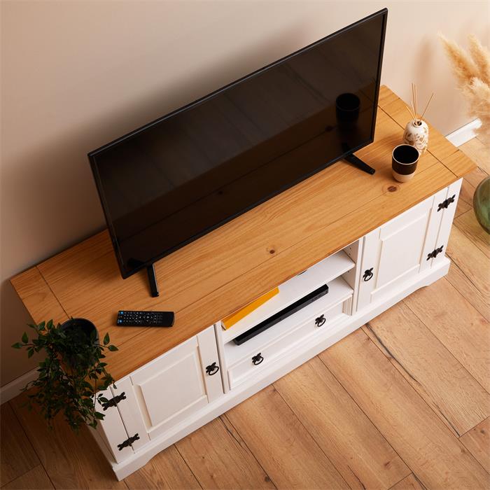 Meuble TV TEQUILA, 2 portes et 1 tiroir, en pin massif lasuré blanc et brun